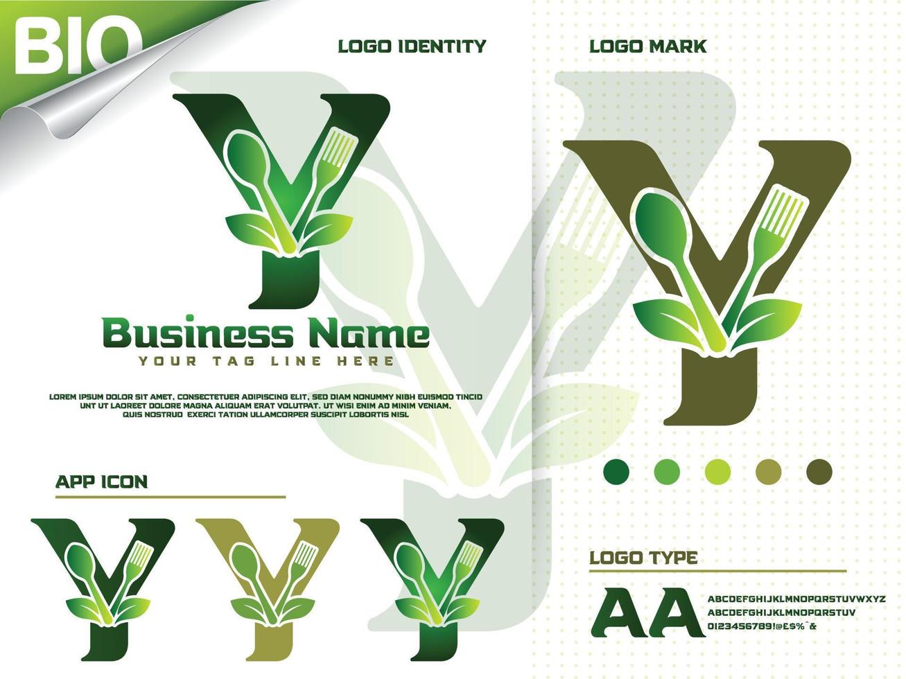 friska mat brev y logotyp design med kreativ grön blad vektor