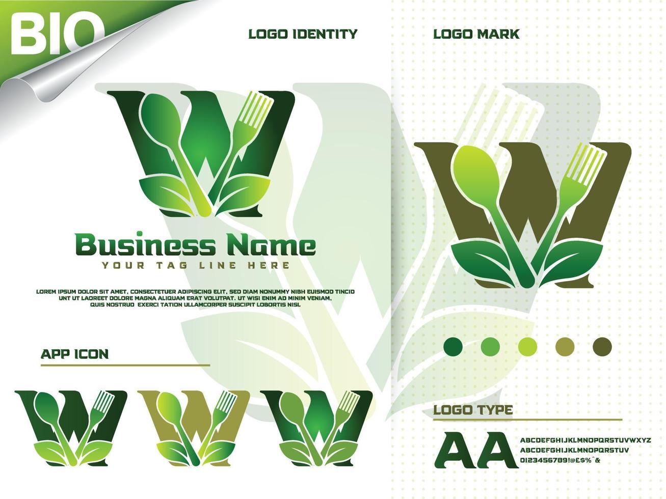 friska mat brev w logotyp design med kreativ grön blad vektor