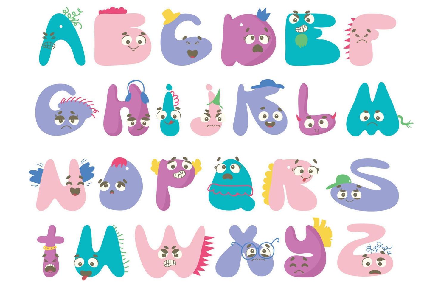 söta handritade alfabetet med ögon och fransar. doodle bokstäver med känslor. kawaii bubbla teckensnitt med roliga leende ansikten. rolig abc-design för bokomslag, affisch, kort, tryck på bebiskläder vektor