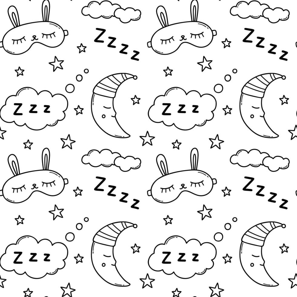 sömlös mönster av sömn klotter. Bra natt symboler i skiss stil. hand dragen vektor illustration