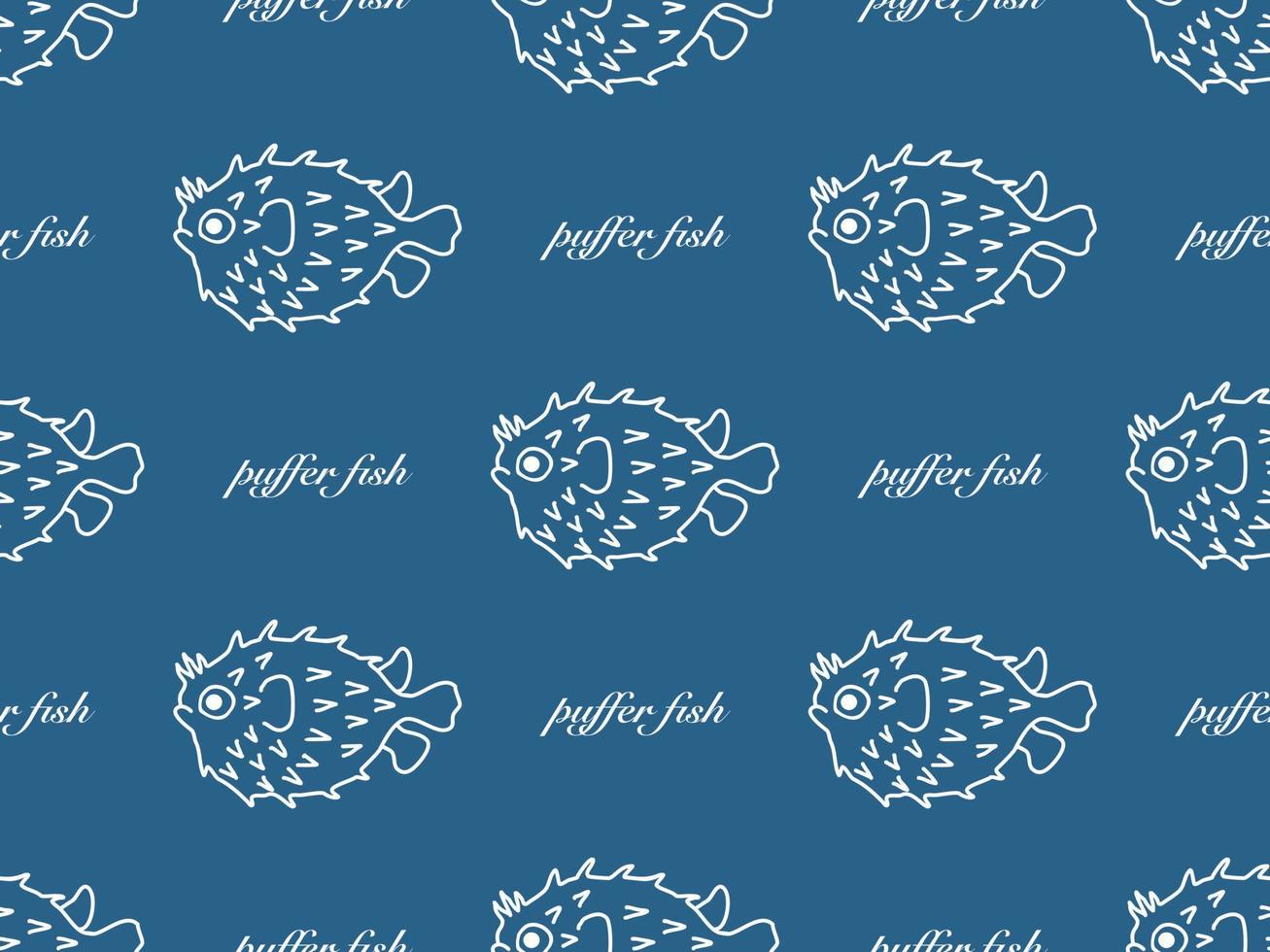Kugelfisch Zeichentrickfigur nahtloses Muster auf blauem Hintergrund vektor