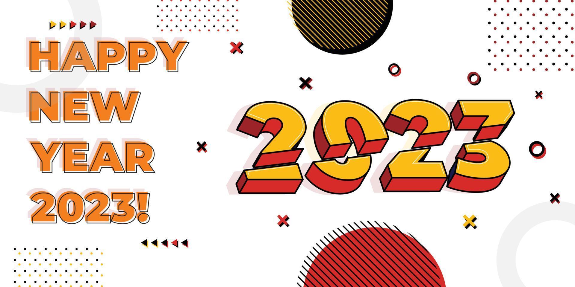 Lycklig ny år 2023 hälsning vektor mall, trendig typografi med geometrisk hipster mönster i memphis stil, siffra 2023 med skivad text effekt