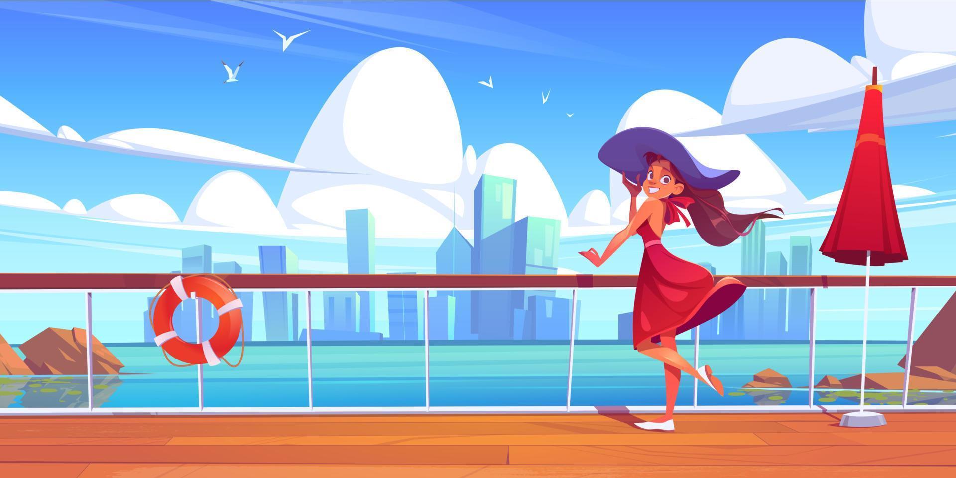 Frau auf dem Deck des Kreuzfahrtschiffes mit Blick auf das Meer und die Stadt vektor