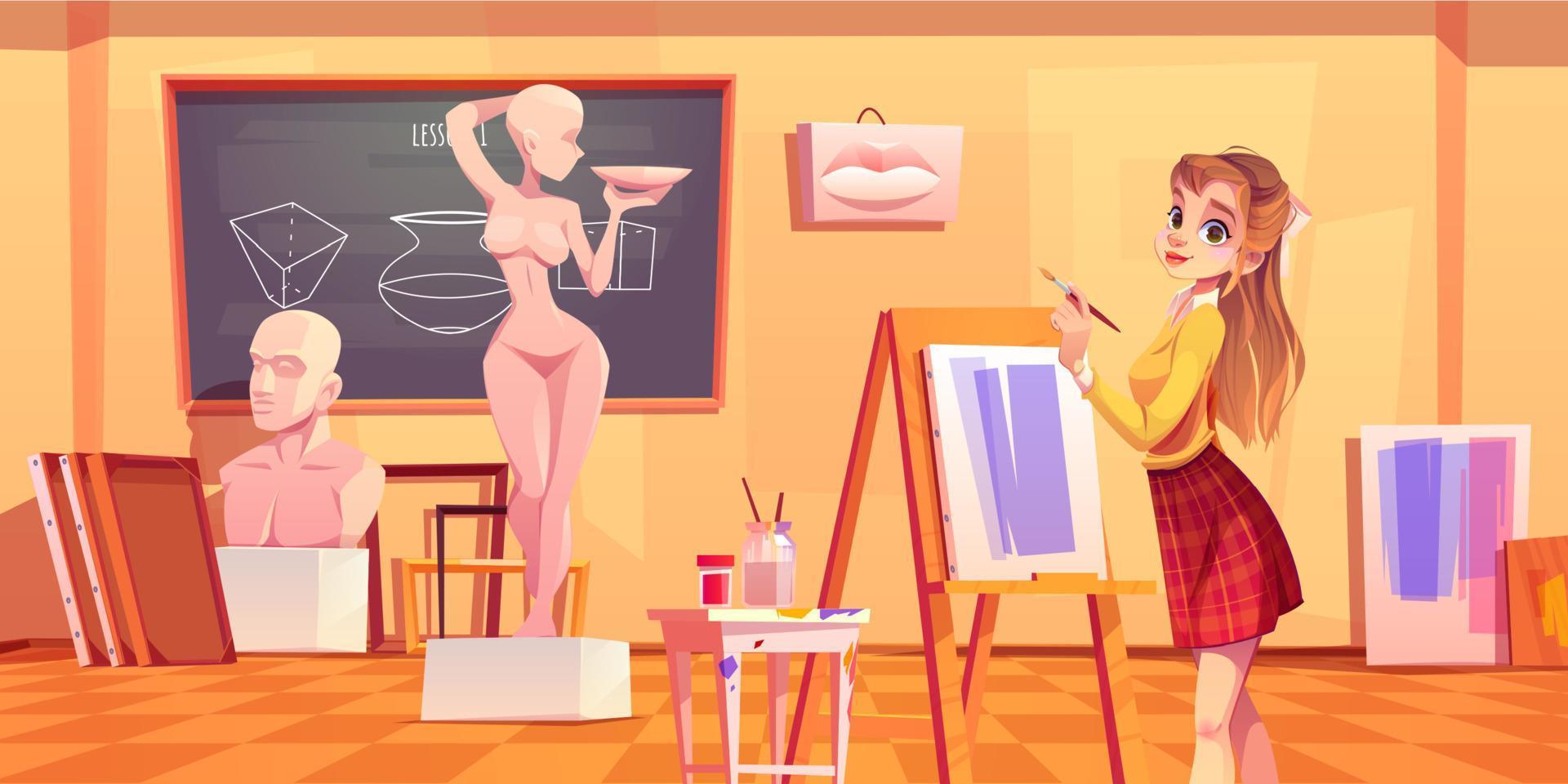 Künstlerin Mädchen malen in der Kunstschulklasse, Malerin vektor