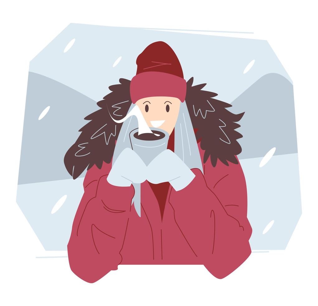 kvinna njuter varm dryck i snö. värma kläder. kaffe, te, choklad. vinter, kall. platt vektor illustration