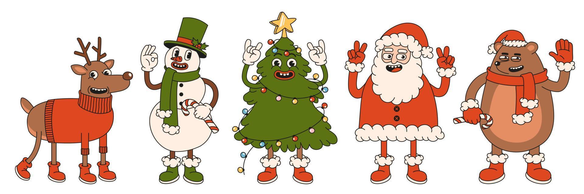 Frohe Weihnachten und ein glückliches Neues Jahr. weihnachtsmann, weihnachtsbaum, bär, schneemann, rentier. vektor