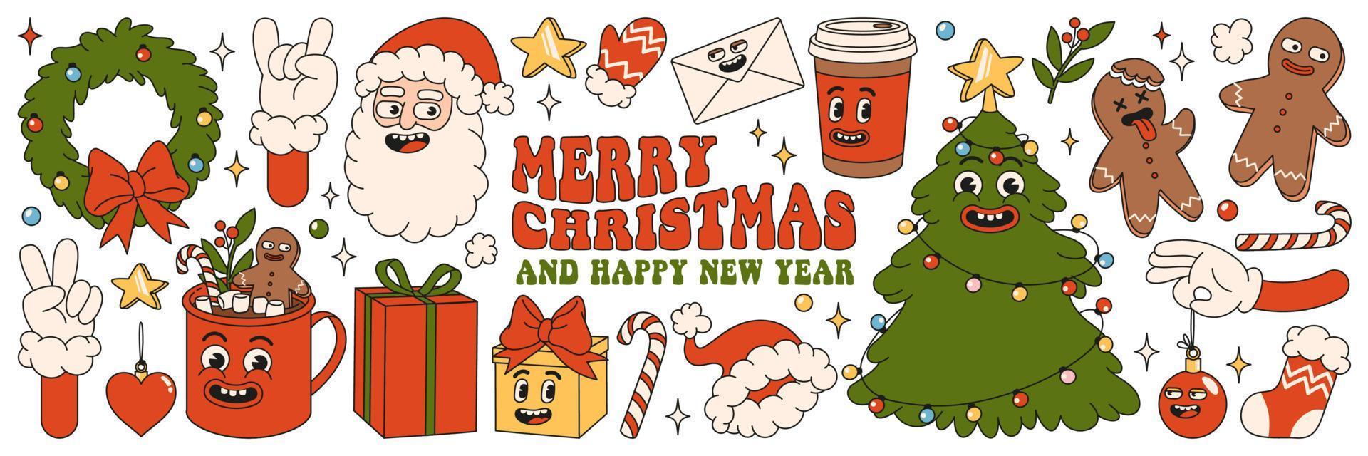 glad jul. tomte, träd, gåvor, kakao, kaffe, pepparkaka i trendig retro tecknad serie stil. vektor