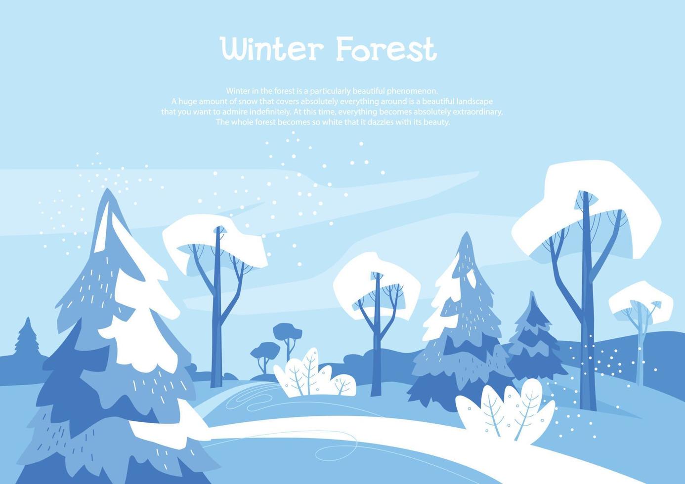 Winterlandschaft. Weihnachtsbäume und Bäume im Schnee. Spaziergang durch den Winterwald. Vektorbild. vektor