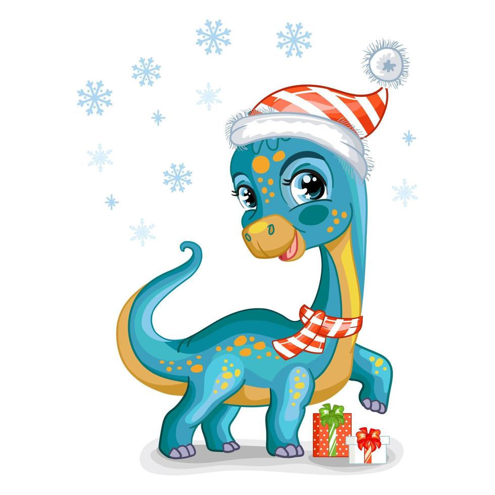 weihnachtssüßer dinosaurier diplodocus mit geschenkvektorillustration vektor