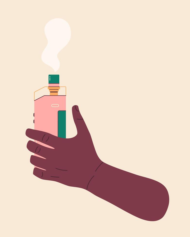 mannens hand innehav vape, färgrik illustration. elektronisk cigaretter och vape begrepp. modern vektor illustration. mängd av mönster vape pennor och pod mods. platt vektor design för webb.