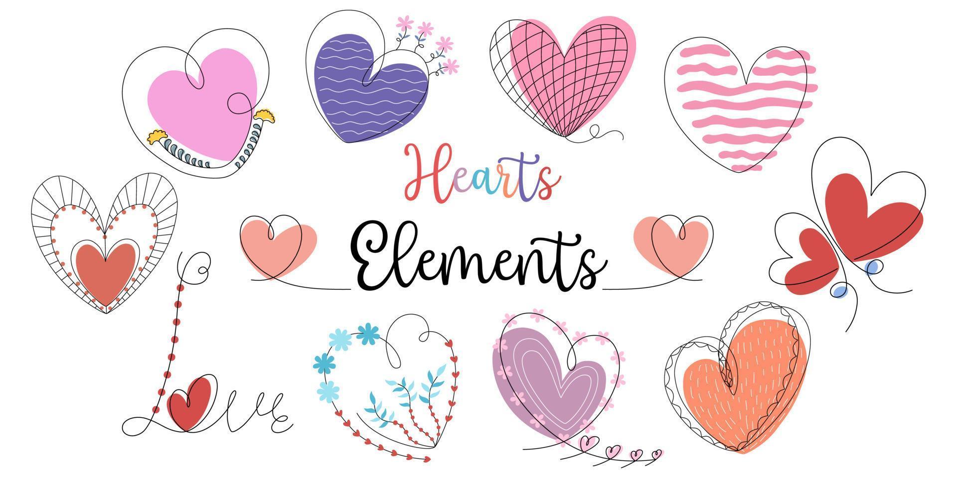 Vektorset mit herzförmigen Elementen im Doodle-Stil für Dekoration, Aufkleber, Digitaldruck, Kartendesign, Valentinstag, Geschenk und mehr. vektor