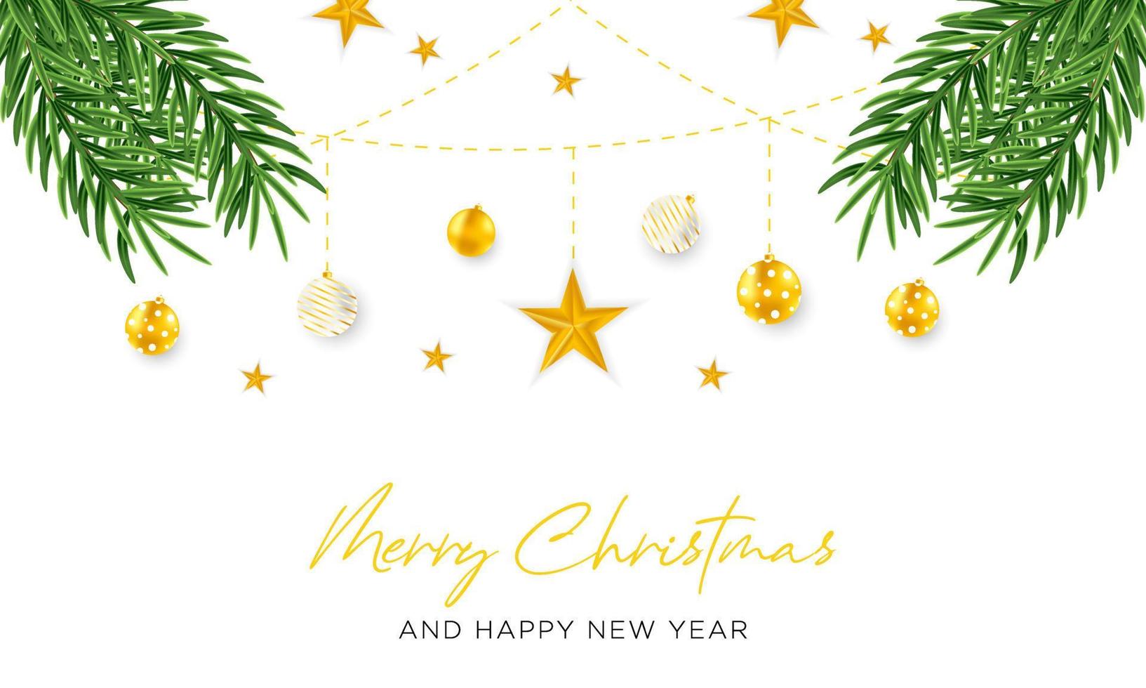 glad jul och ny år bakgrund med boll, stjärna och träd dekoration vektor