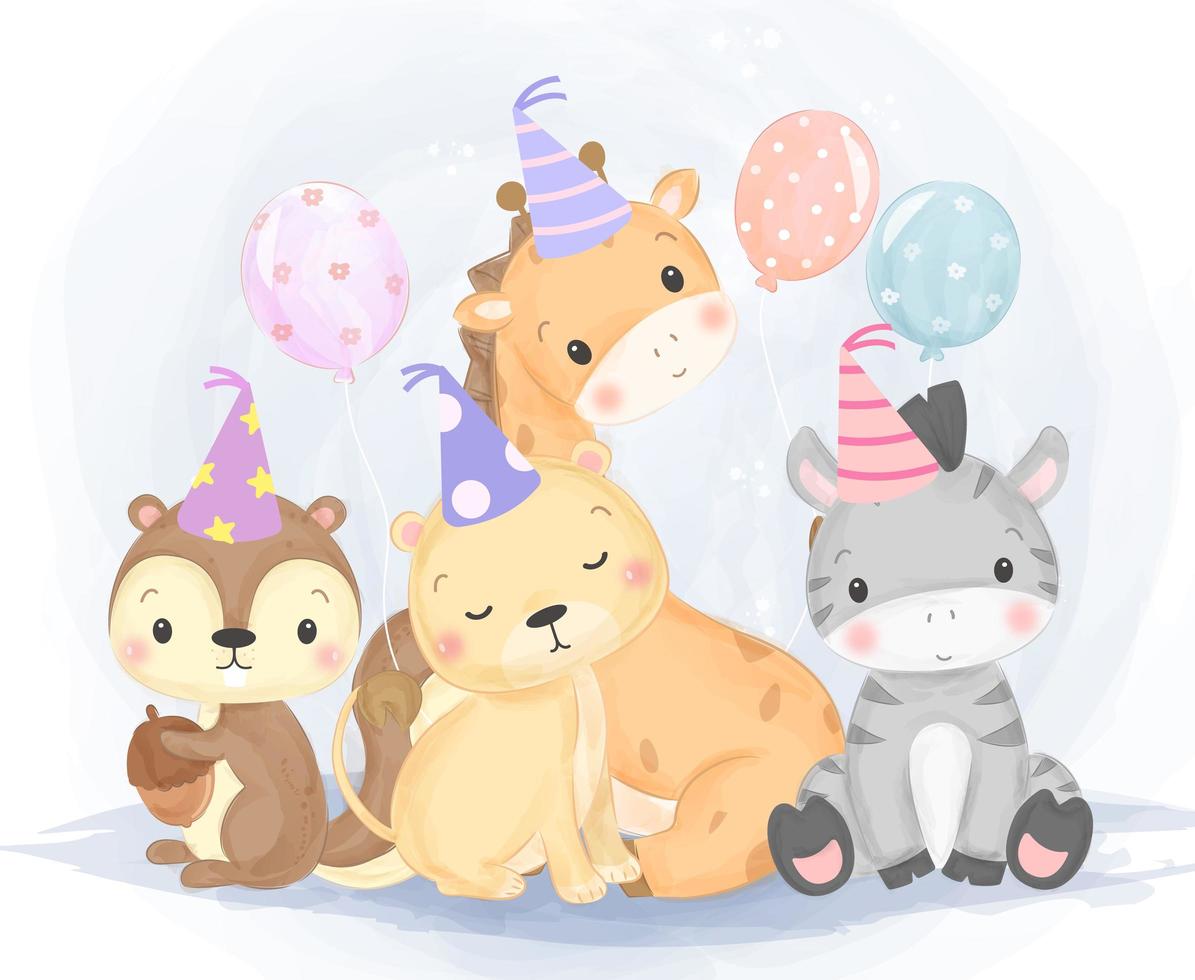 söta baby vilda djur med födelsedag hattar vektor