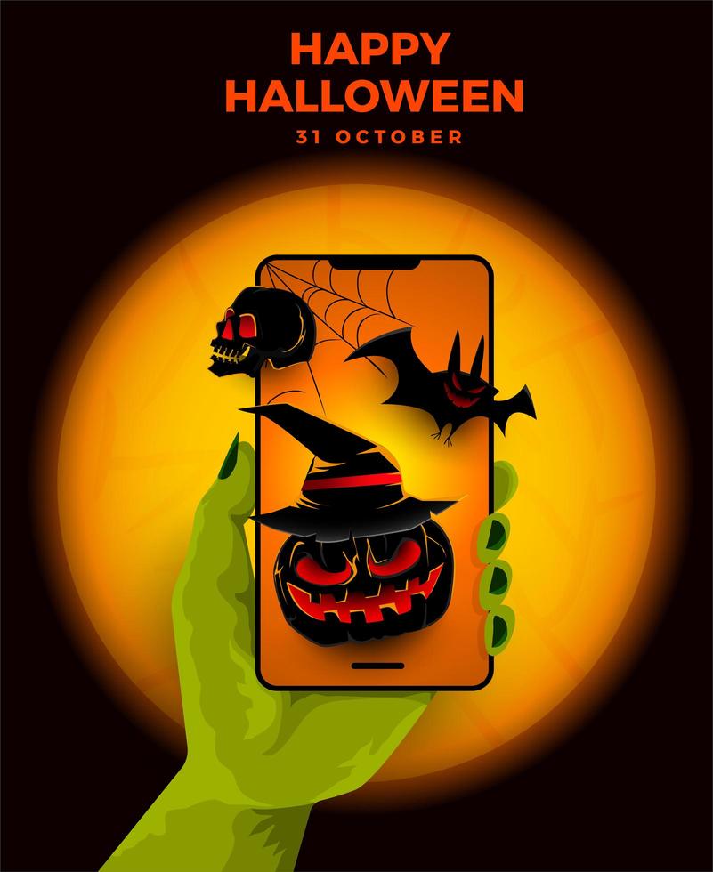 Halloween-Ereignisplakat mit Zombie-Hand, die Telefon hält vektor