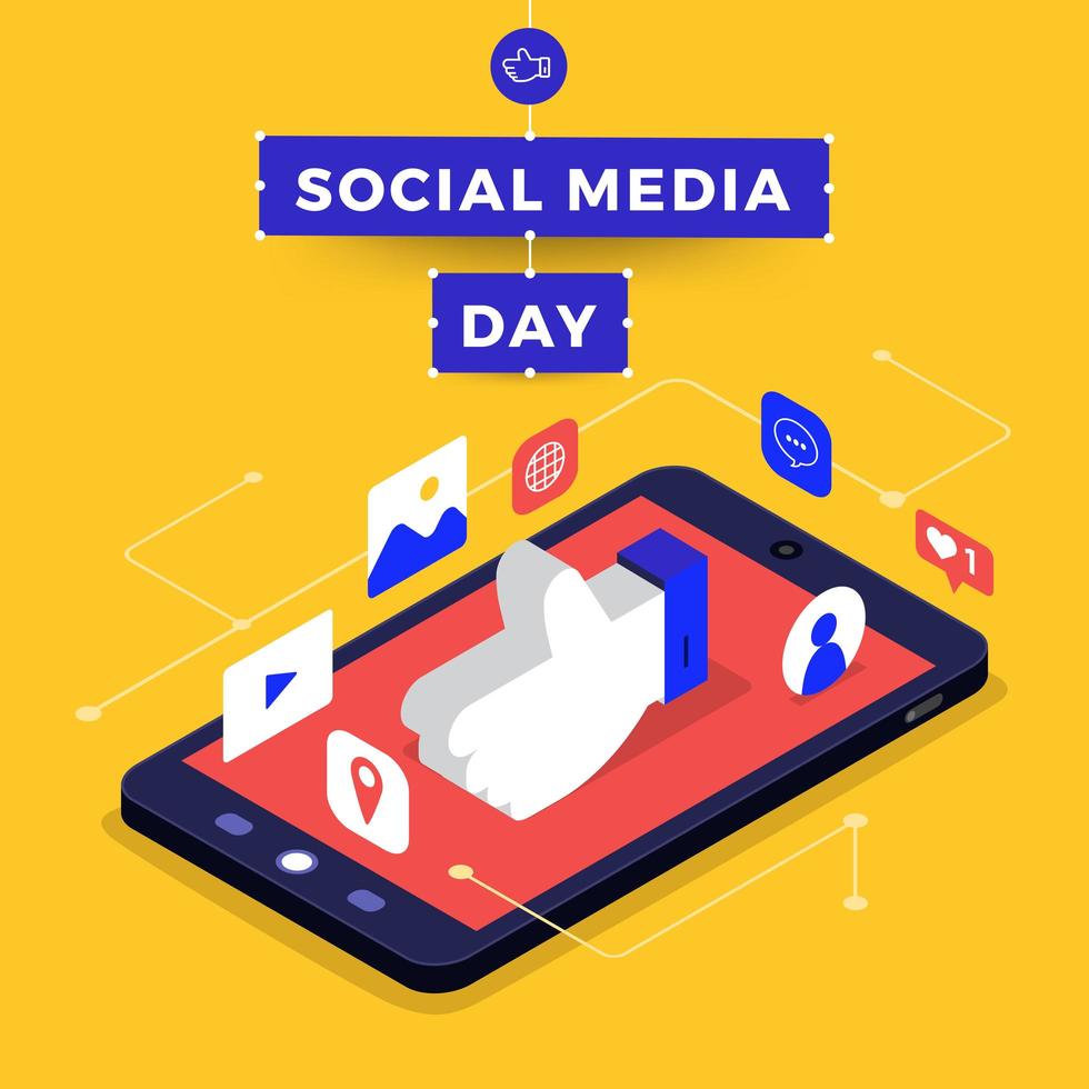 Social Media Day Poster mit gleicher Hand auf Smartphone vektor