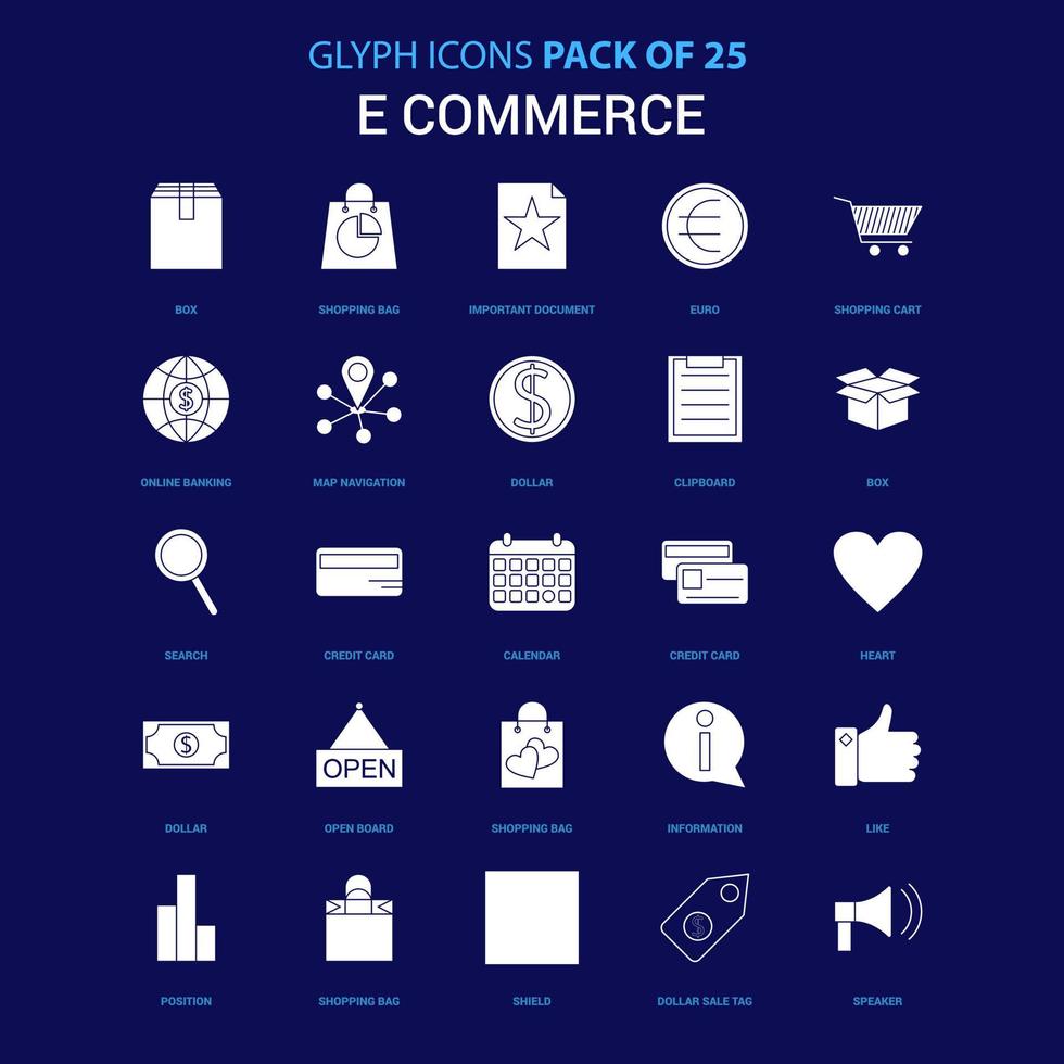 E-Commerce weißes Symbol auf blauem Hintergrund 25 Icon Pack vektor