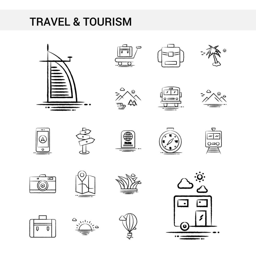 resa och turism hand dragen ikon uppsättning stil isolerat på vit bakgrund vektor