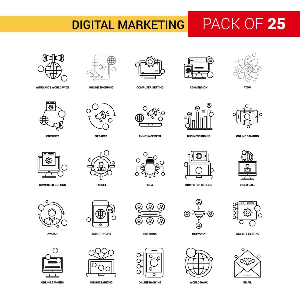 Symbol für digitales Marketing mit schwarzer Linie 25 Business Outline Icon Set vektor