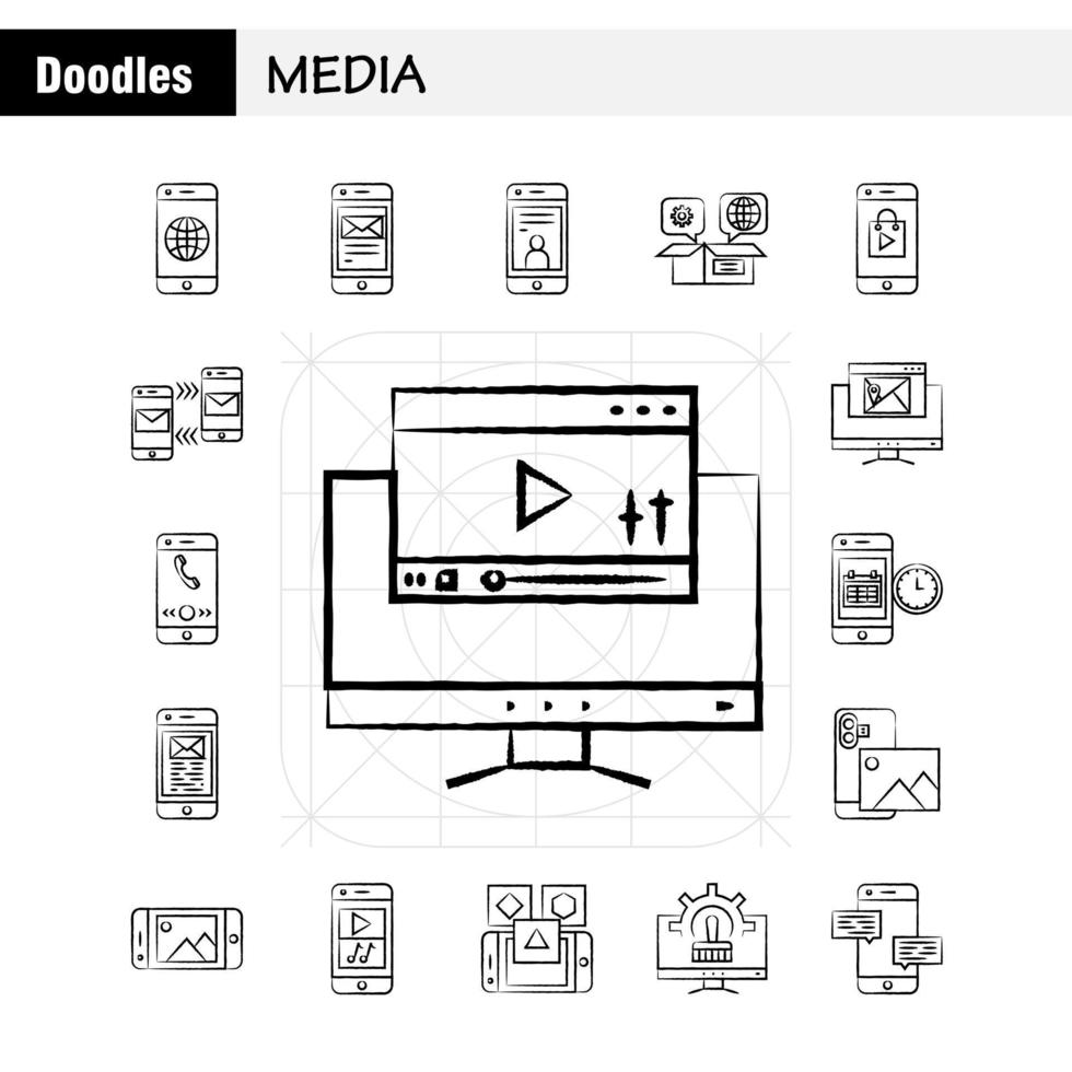 Medien handgezeichnetes Symbol für Webdruck und mobiles Uxui-Kit wie mobiles Zellwelt-Internet-Handy-Mail-Piktogramm-Paketvektor vektor