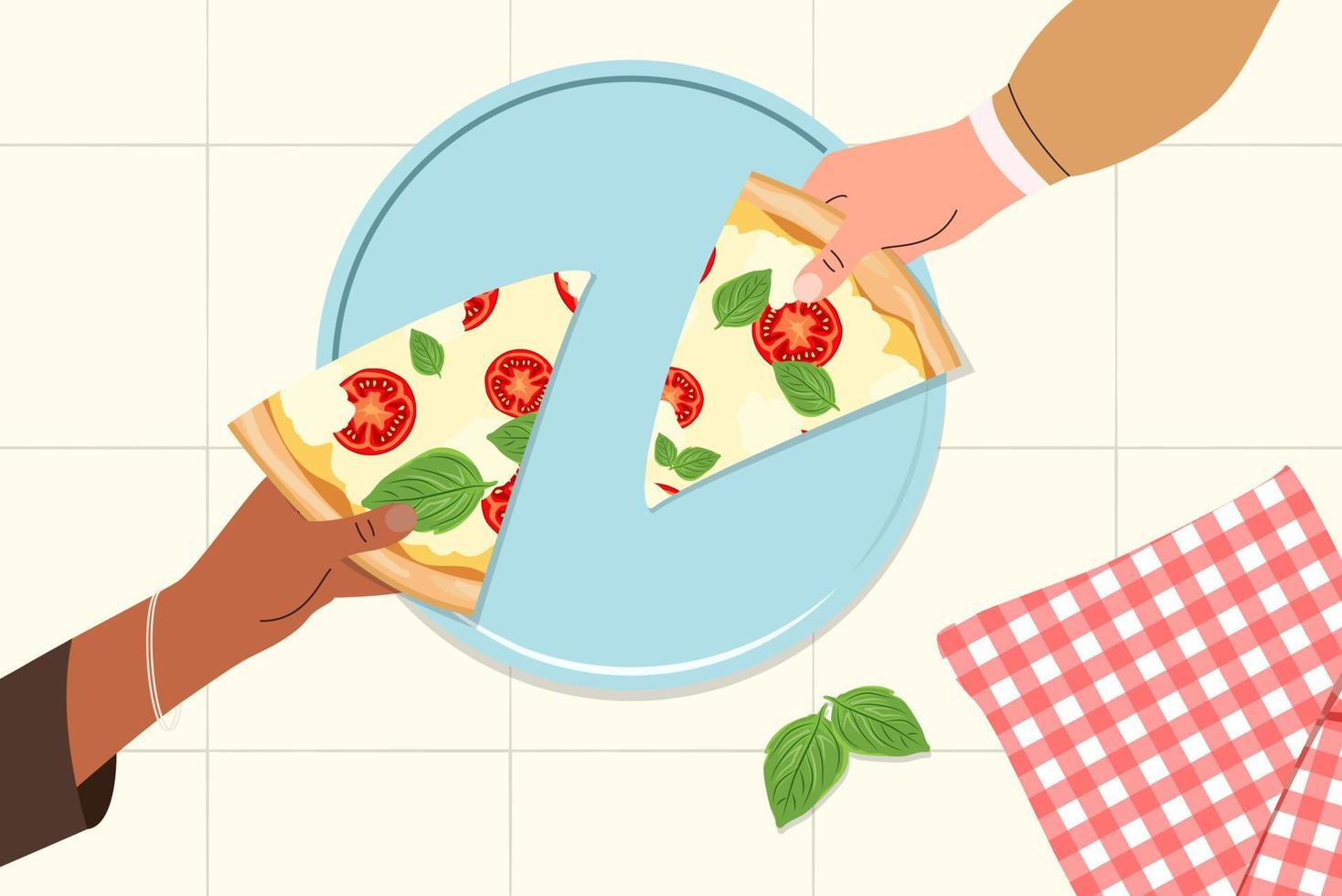 triangel pizza bitar i händer. två skivor av margarita pizza på en blå tallrik och en röd rutig servett. italiensk matlagning. spis .tar traditionell italiensk snabb mat mellanmål. platt vektor illustration