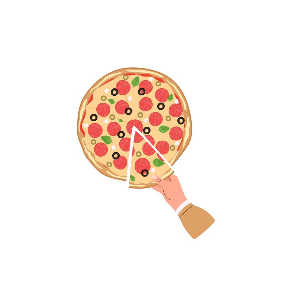 Hand mit dreieckigem Pizzastück mit Salami, Käse und Oliven. hand, die geschnittenen italienischen snack hält. ganze pizza draufsicht. flache vektorillustration lokalisiert auf weißem hintergrund vektor