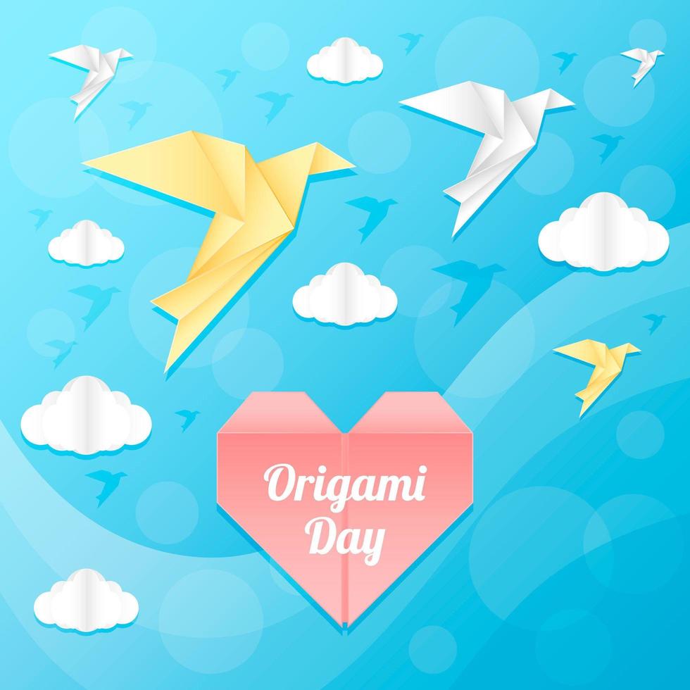 schöner blauer Himmel mit Origami-Vögeln und Wolken vektor
