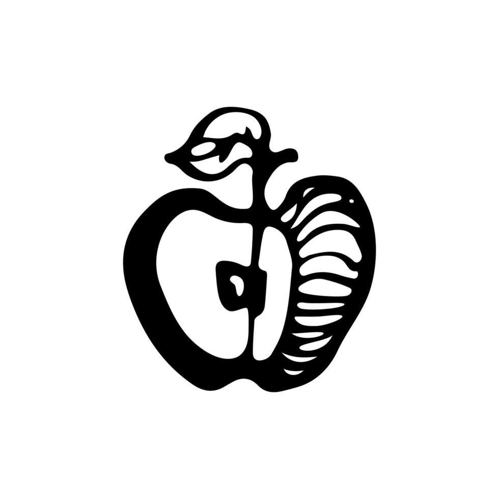översikt äpple logotyp. svart hand dragen klotter skiss. svart vektor illustration isolerat på vit. linje konst.