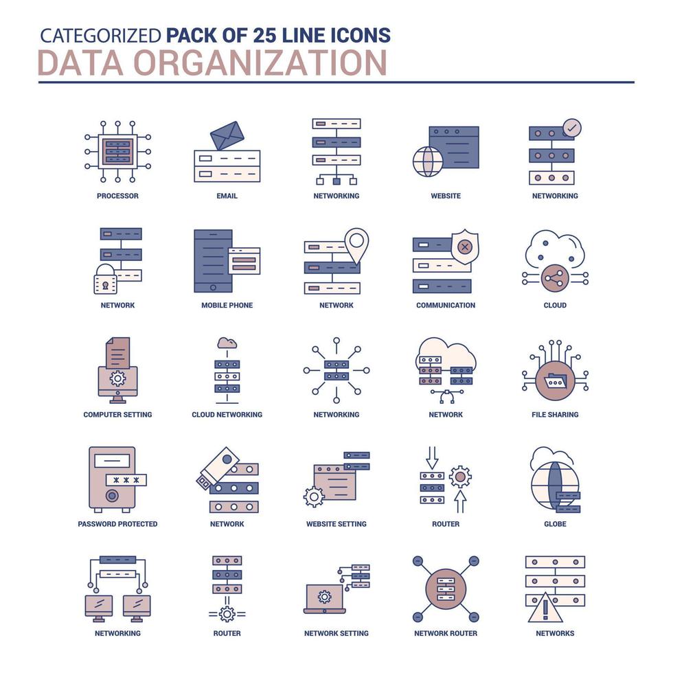 Symbolsatz für die Organisation von Vintage-Daten 25 Symbolsatz für flache Linien vektor