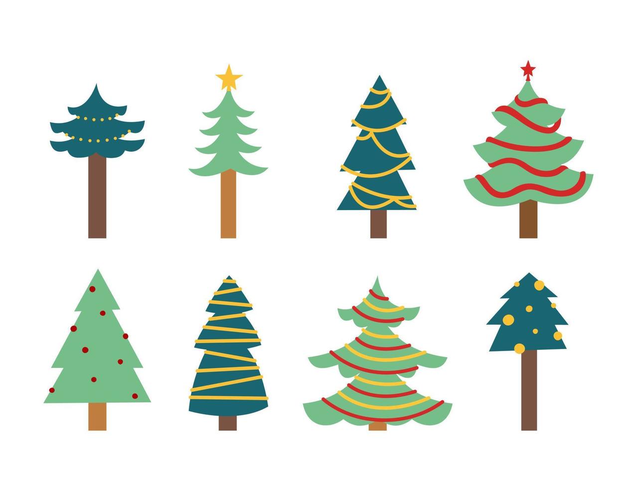 uppsättning av dekorerad jul träd. skön design element i platt stil. vektor