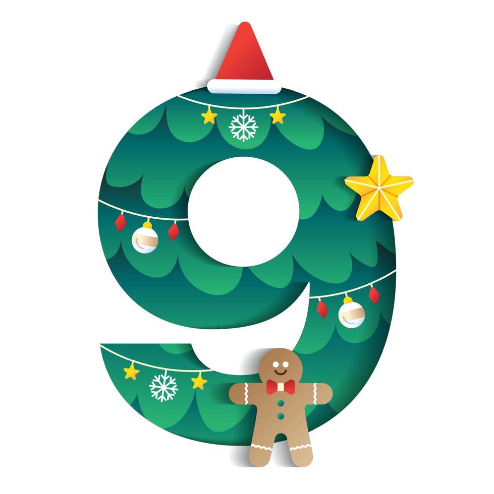 9 numerisch zahl alphabet niedlich frohe weihnachten konzept lebkuchen stern weihnachtsmütze charakter schriftart buchstabe weihnachtsbaum element cartoon grün 3d papierschicht ausgeschnitten karte vektorillustration vektor