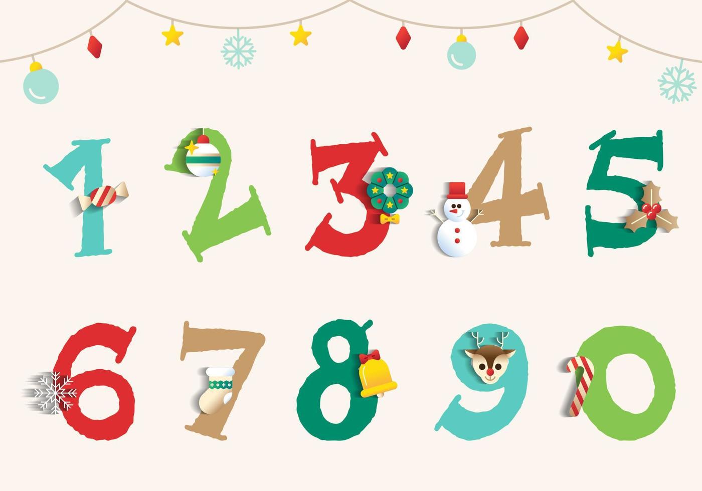 söt glad jul Semester fest siffra numerisk siffra font design hand dra tecknad serie jul firande element snögubbe jul träd barn barn isolerat vektor illustration för dekoration