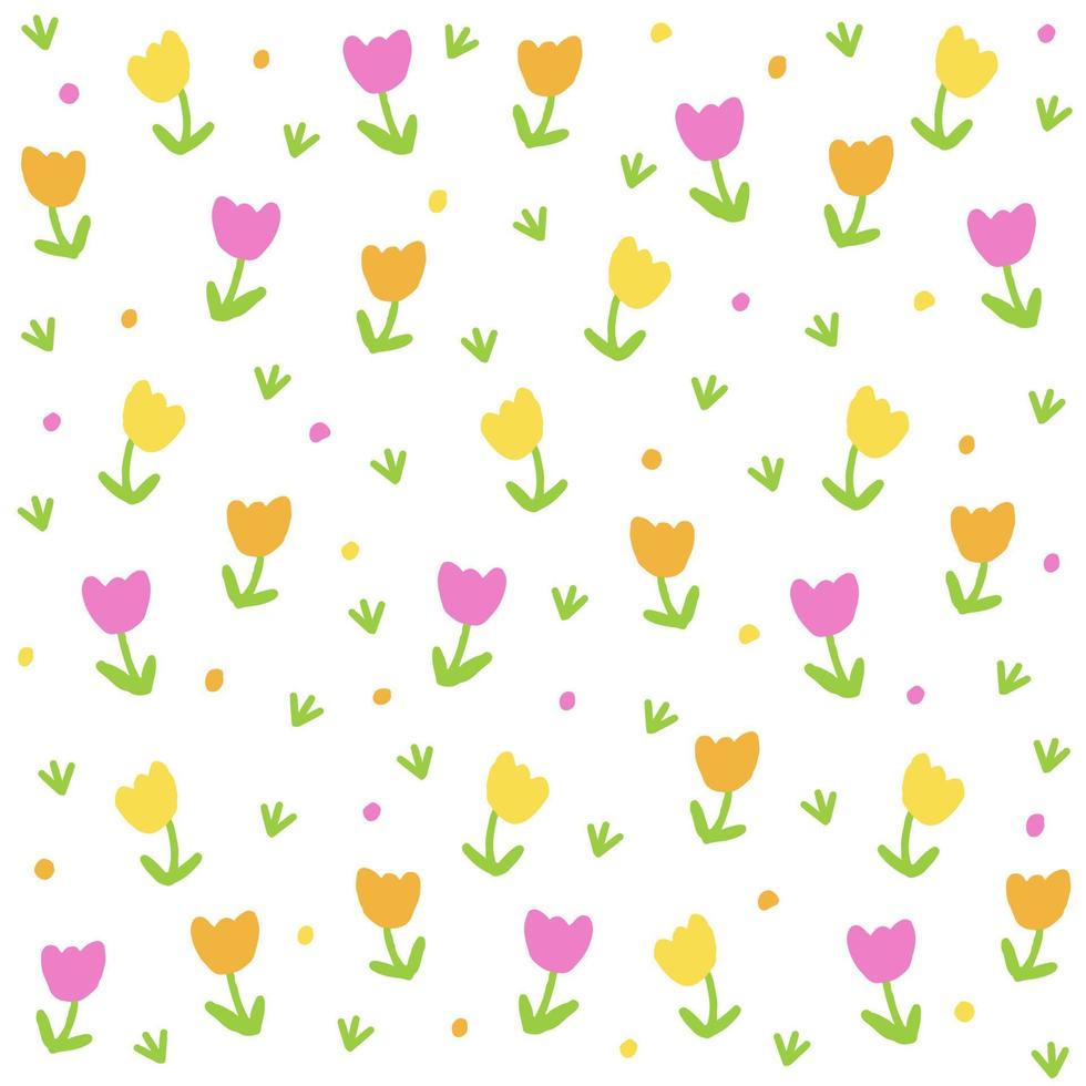 niedliche tulpe blume rosa orange gelb grün konfetti streuen funkeln ditsy blumiger glanz kleine polkadot punktlinie mini gras abstrakt bunt pastell nahtloser musterhintergrund vektor