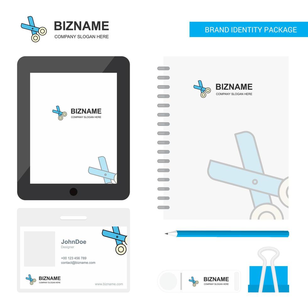 schere business logo tab app tagebuch pvc mitarbeiterkarte und usb marke stationäre paketdesign vektorvorlage vektor