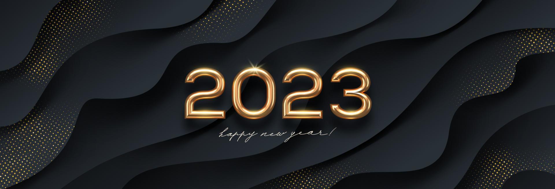 2023 ny år gyllene logotyp på abstrakt svart vågor bakgrund. hälsning design med realistisk guld metall siffra av år. design för hälsning kort, inbjudan, kalender, etc. vektor