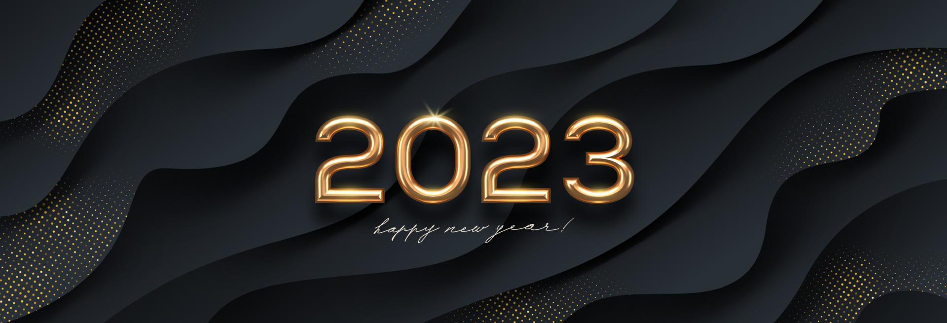 Goldenes Logo des neuen Jahres 2023 auf abstraktem Hintergrund der schwarzen Wellen. Grußdesign mit realistischer Jahreszahl aus Goldmetall. Design für Grußkarten, Einladungen, Kalender usw. vektor