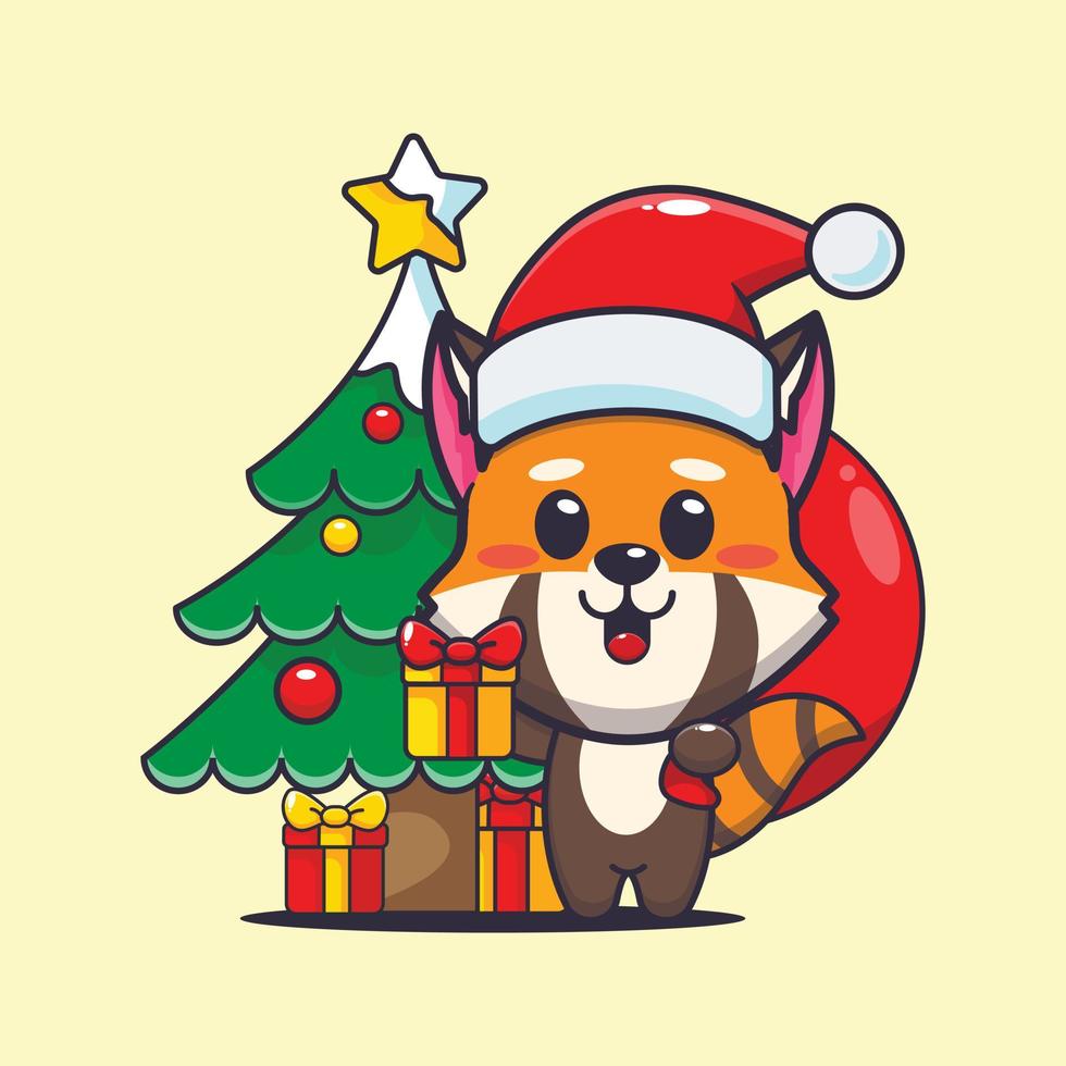 söt röd panda bärande jul gåva. söt jul tecknad serie illustration. vektor