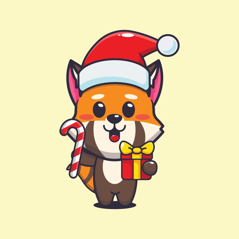 süßer roter panda, der weihnachtssüßigkeiten und geschenk hält. nette weihnachtskarikaturillustration. vektor