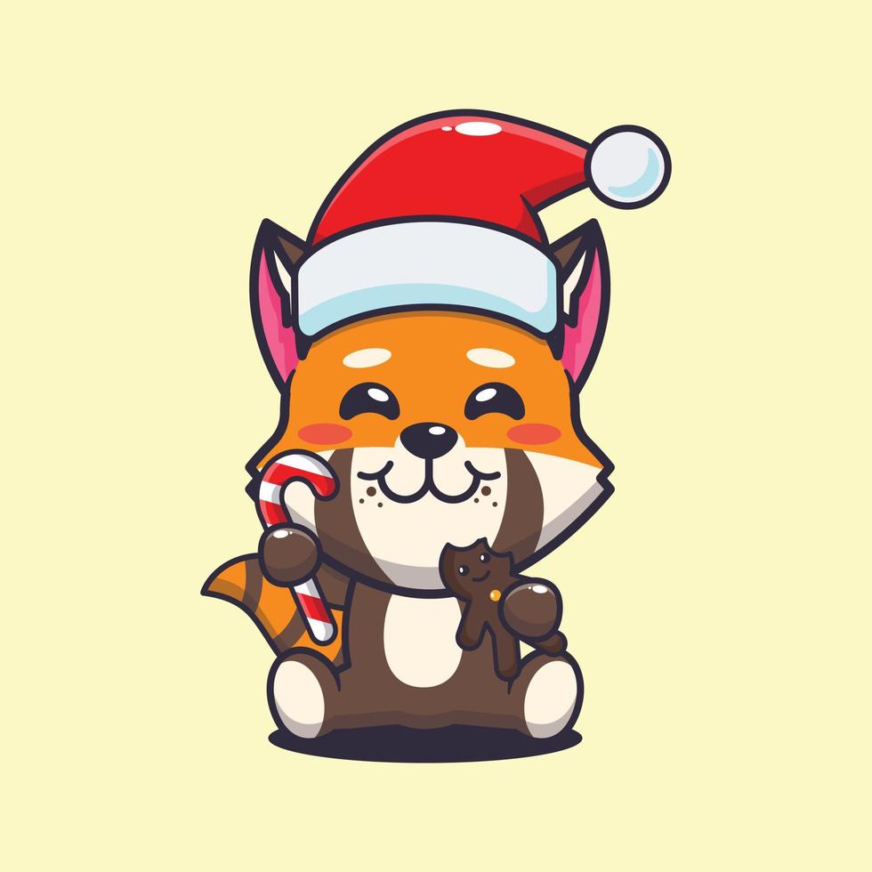söt röd panda äter jul småkakor och godis. söt jul tecknad serie illustration. vektor
