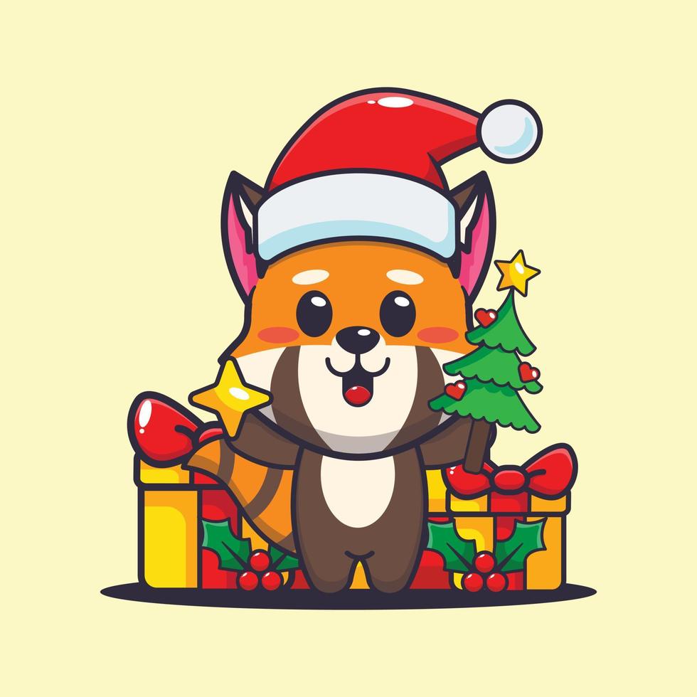 söt röd panda innehav stjärna och jul träd. söt jul tecknad serie illustration. vektor