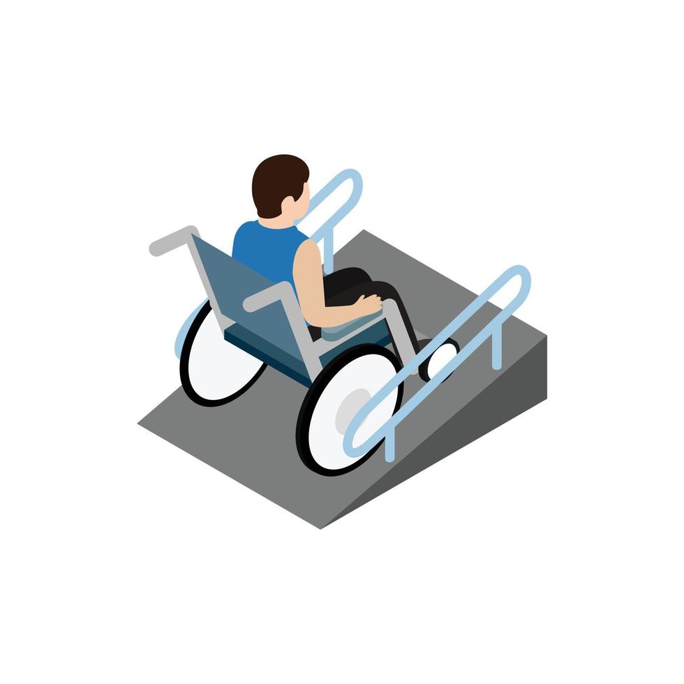 man Sammanträde på rullstol på de ramp ikon vektor