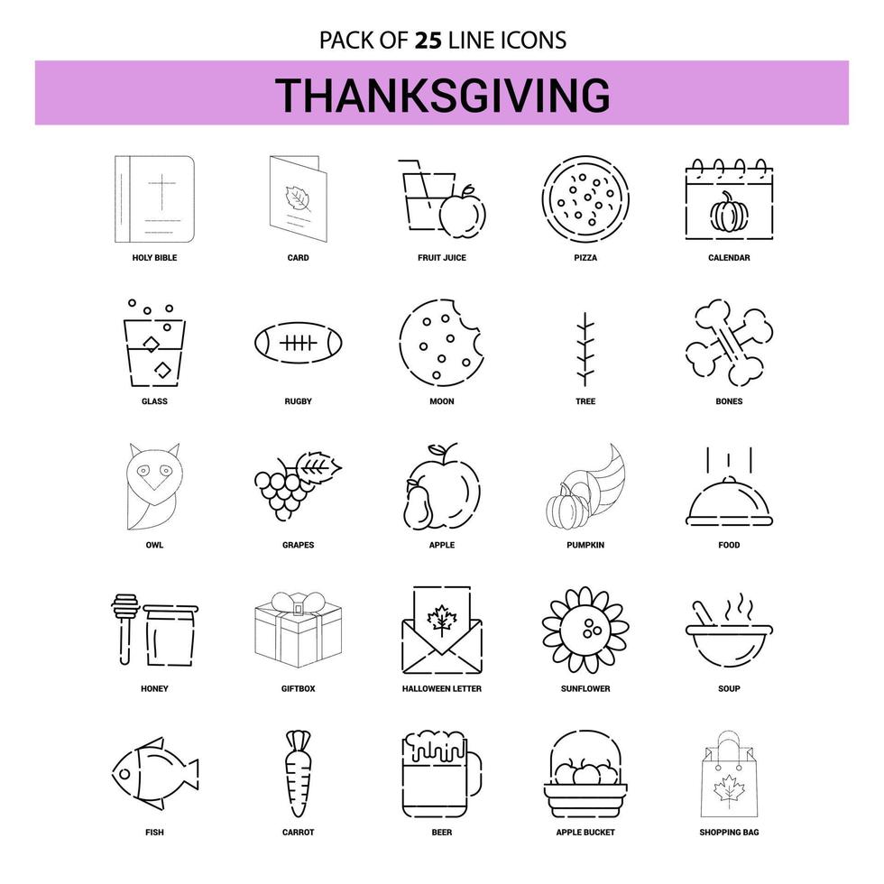 Thanksgiving Line Icon Set 25 gestrichelter Umrissstil vektor