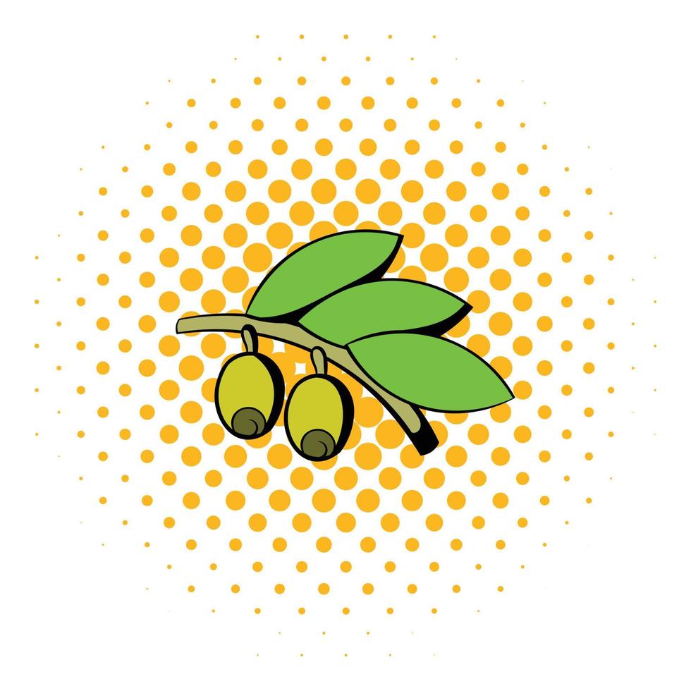 Oliven auf Ast mit Blätter-Symbol, Comic-Stil vektor