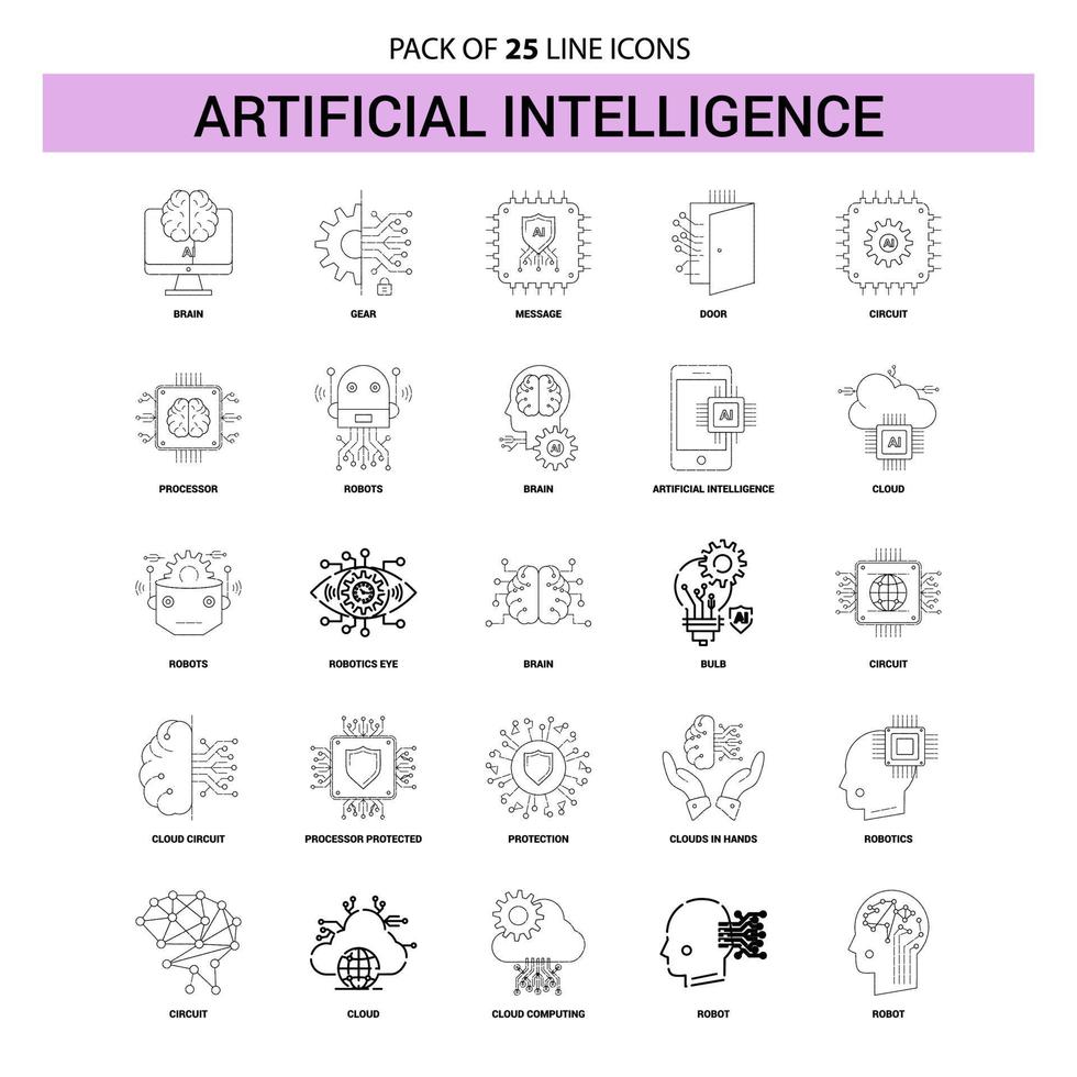 artificiell intelligens linje ikon uppsättning 25 streckad översikt stil vektor