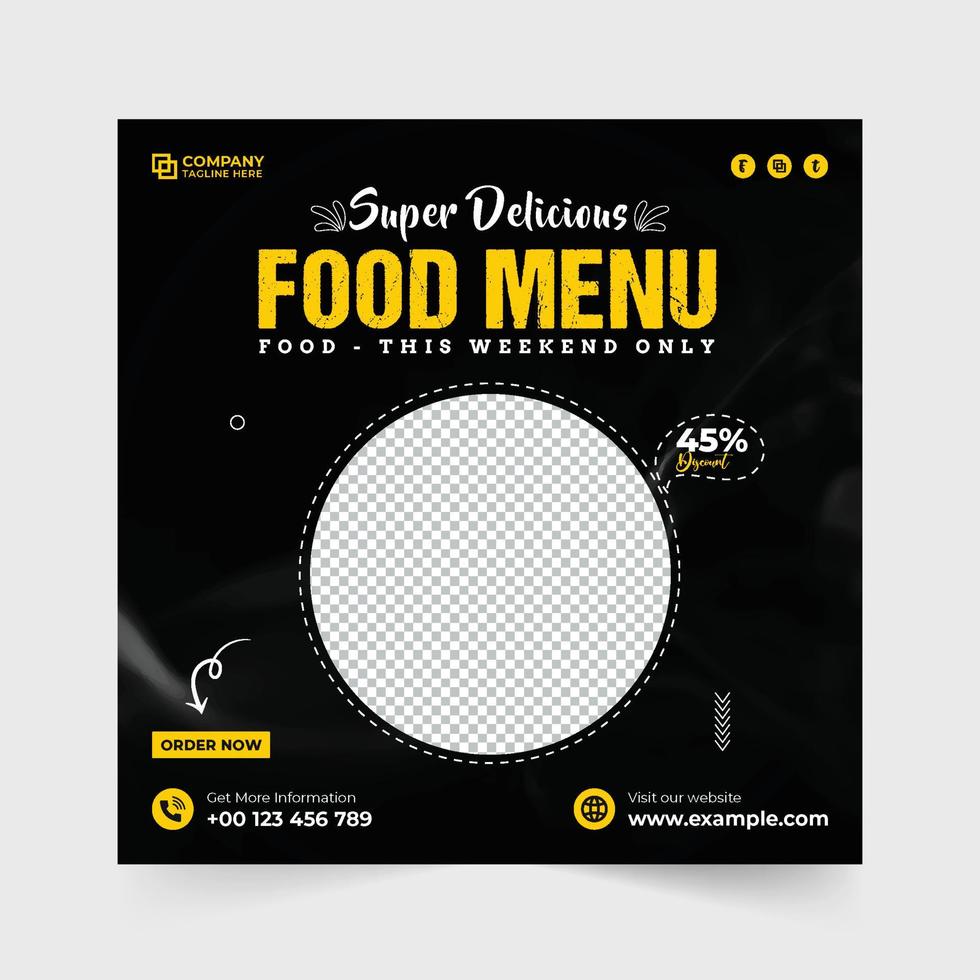 särskild snabb mat rabatt erbjudande mall med gul och grön text effekt. restaurang mat meny befordran webb baner vektor med Foto platshållare. utsökt mat social media posta vektor.
