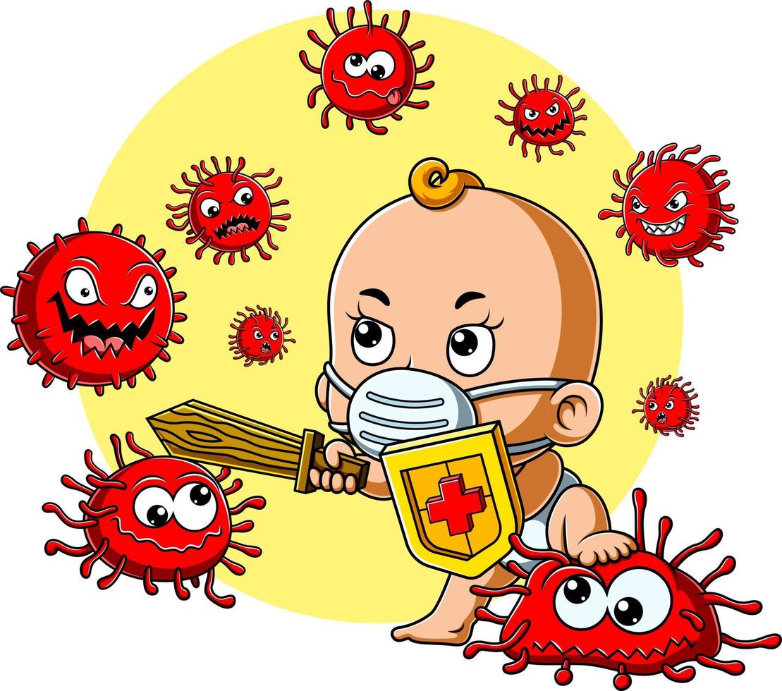 ein süßes baby mit maske bekämpft das corona-virus vektor