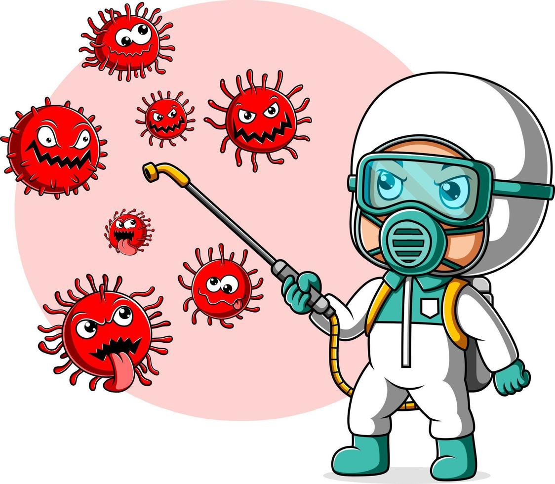 personen in schutzanzug oder kleidung, sprühen, um das corona-virus zu reinigen und zu desinfizieren vektor