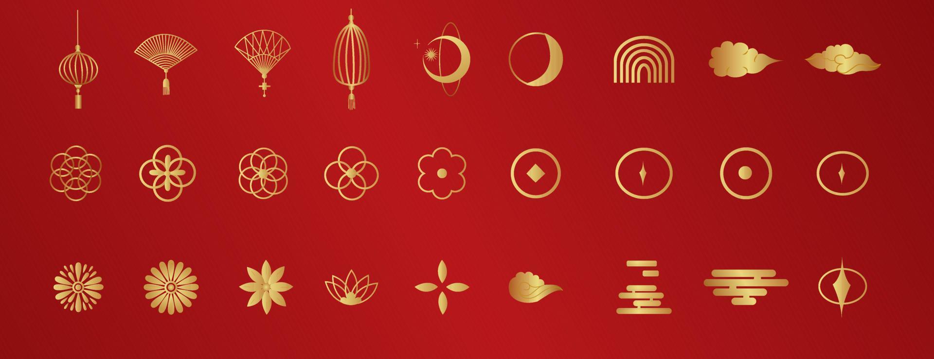 traditionella kinesiska ornament, uppsättning månårsdekorationer, blommor, lyktor, moln, element och ikoner vektor
