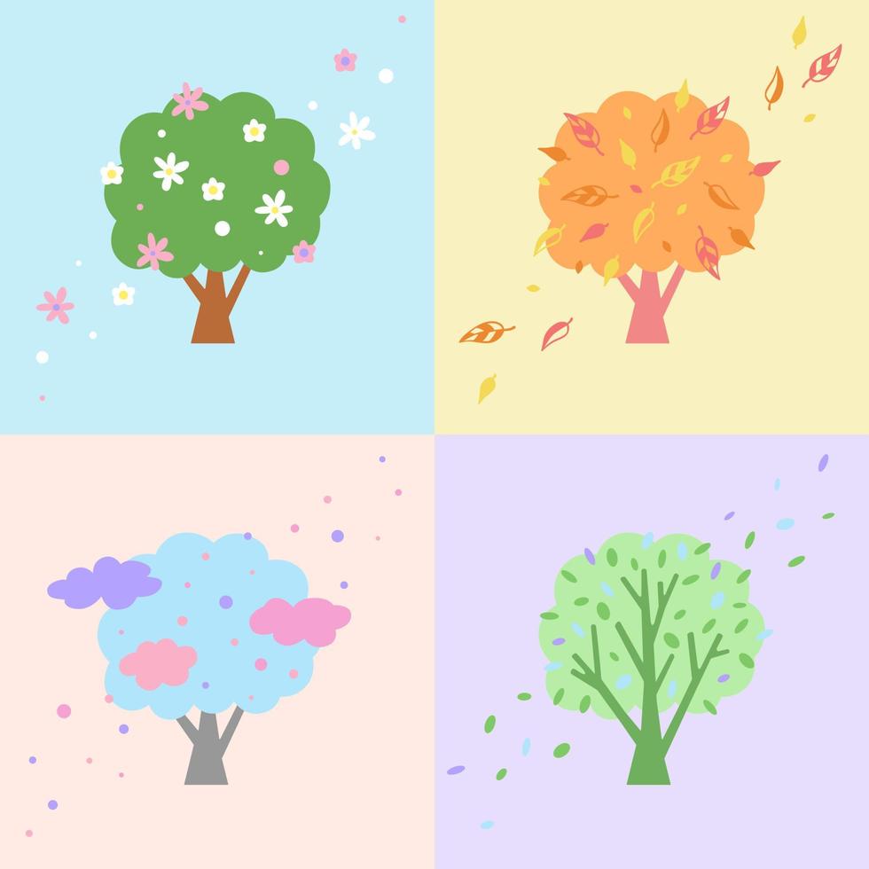 vektorillustration für kinder in pastellfarben. Wechsel der Jahreszeiten vier Bäume zu verschiedenen Jahreszeiten. vektor