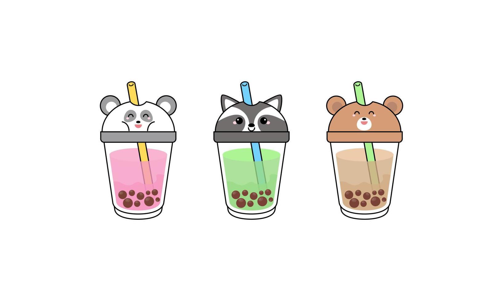 kawai süßer bubble tea mit tasse tiergesichtern vektor