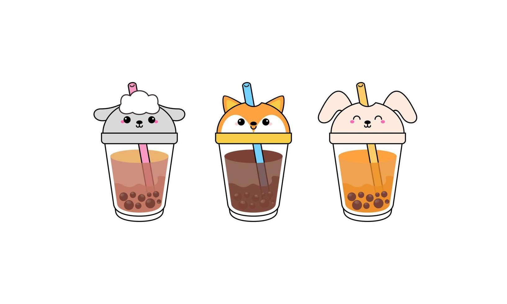 kawai süßer bubble tea mit tasse tiergesichtern vektor